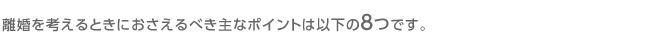 離婚を考えるときにおさえるべき主なポイントは以下の8つです。