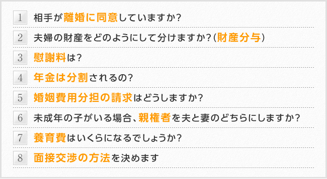 1 相手が離婚に同意していますか？ 2 夫婦の財産をどのようにして分けていますか？（財産分与） 3 慰謝料は？ 4 年金は分割されるの？ 5 婚姻費用負担の請求はどうしますか？ 6 未成年の子が居る場合、親権者をおっとと妻どちらにしますか？ 7 養育費はいくらになるでしょうか？ 8 面接交渉の方法を決めます？